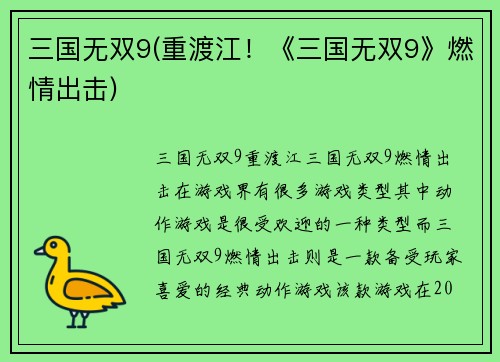 三国无双9(重渡江！《三国无双9》燃情出击)